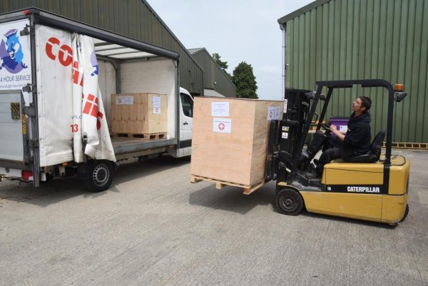 Our pallet of surgical kit being loaded up at Medaid's base near Bedford